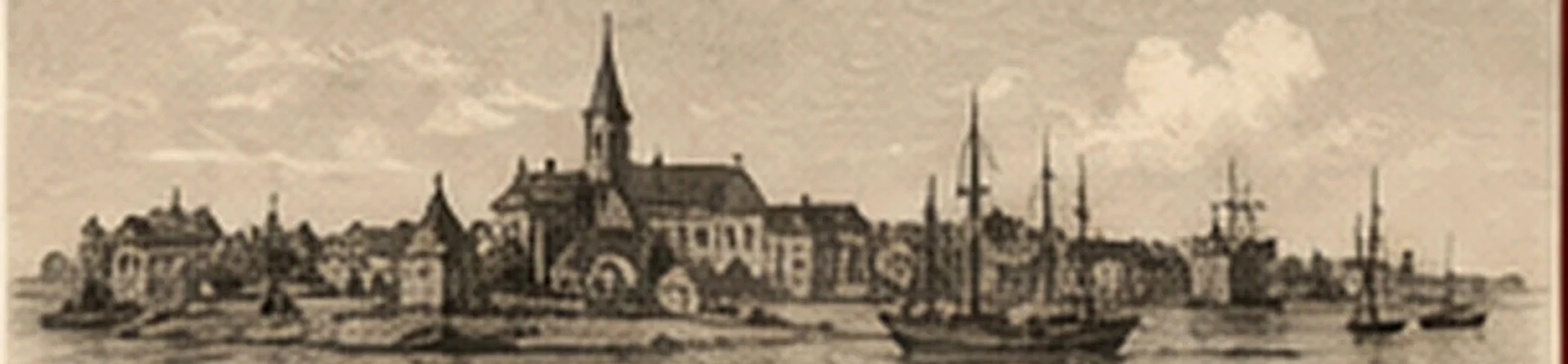 Vintage-style illustration of Plymouth Harbor and waterfront buildings